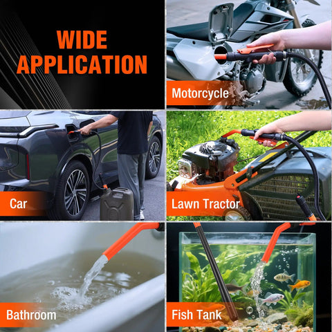 Battery Powered Fuel Transfer Pump 2.2 GPM Portable Gasoline Siphon Pump transferring fuel from a car, motorcycle, and lawn tractor.