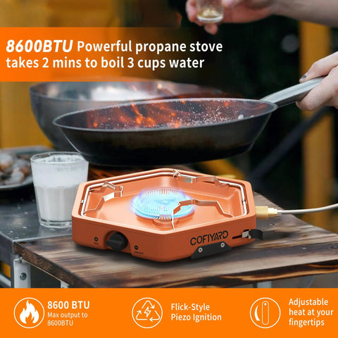 Portable One Burner Propane Camp Stove With Carry Strap For Backpacking Outdoor Cooking Flick Ignition 8600 BTU Gas Stove