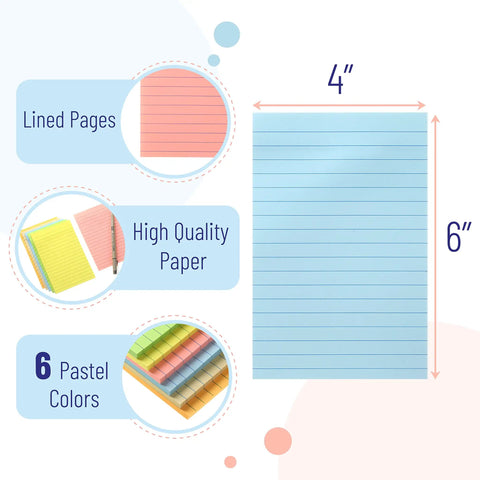 Lined Sticky Notes 4x6 Inch Pastel Color Ruled Post Its, 6 Pads, 270 Sheets Total, showing size and color