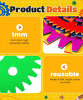 Colorful Gear Shaped Felt Decor Mats Set Of 48 In Four Sizes with 1mm thickness and reusable features shown on yellow grid background.