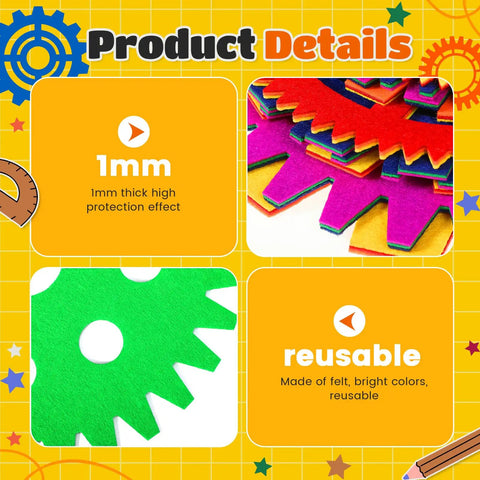Colorful Gear Shaped Felt Decor Mats Set Of 48 In Four Sizes with 1mm thickness and reusable features shown on yellow grid background.