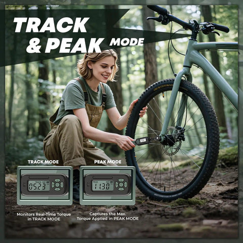 Person using Quarter Inch Digital Torque Wrench 1.1 to 22.2 Foot Pounds Range With Digital Display Buzzer And Led Flash Track Mode on bike
