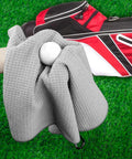 3 Pack 16 By 16 Inch Golf Towels For Men On The Go With Carabiner Clip Premium Waffle Pattern Microfiber Towel shown with golf ball and bag