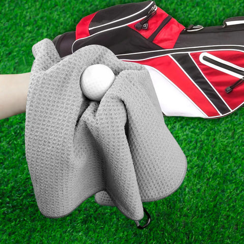 3 Pack 16 By 16 Inch Golf Towels For Men On The Go With Carabiner Clip Premium Waffle Pattern Microfiber Towel shown with golf ball and bag