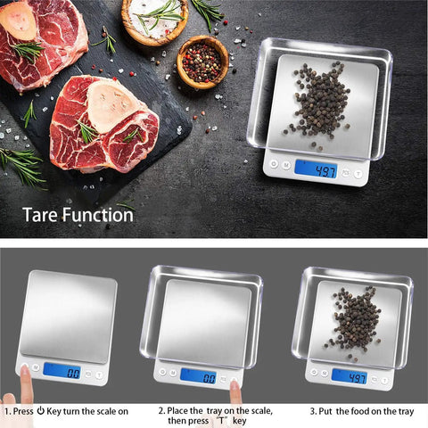 Pocket Scale 3000g x 0.1g With LCD Display, Tare Function, measuring peppercorns and meat for kitchen use