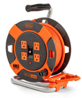 Heavy Duty 50 Ft Retractable Extension Cord Reel with 4 outlets, black and orange design, easy rewind handle, 14 AWG SJTW cable
