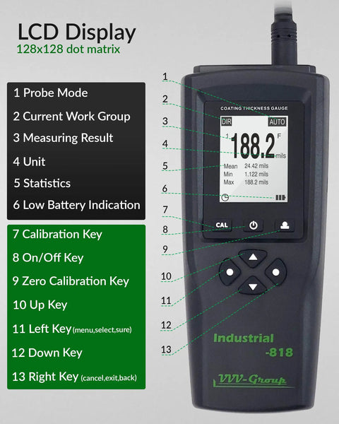 Industrial-Grade Coating Thickness Gauge With External Probe For Marine And Steelwork, Measures 0-197 mil (0-5000 microns) Fe And 0-120 mil (0-3000 microns) NFe, 0.001 mil Resolution, Factory, Zero, And Multi-Point Calibration, PC Connectivity. LCD screen and control keys