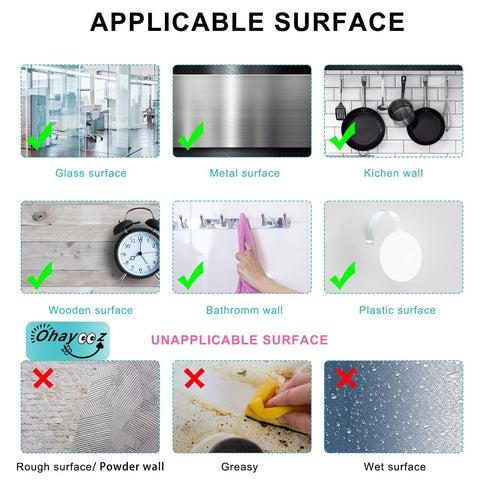Extra Strong Double Sided Tape Heavy Duty Removable 10ft Clear Nano Adhesive Wall Tape for various surfaces, with inadvisable examples