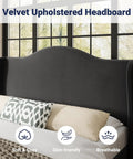 Queen Size Velvet Upholstered Bed Frame With Tall Wingback Headboard And Channel Quilting Modern Retro Bedroom Furniture In Black headboard detail