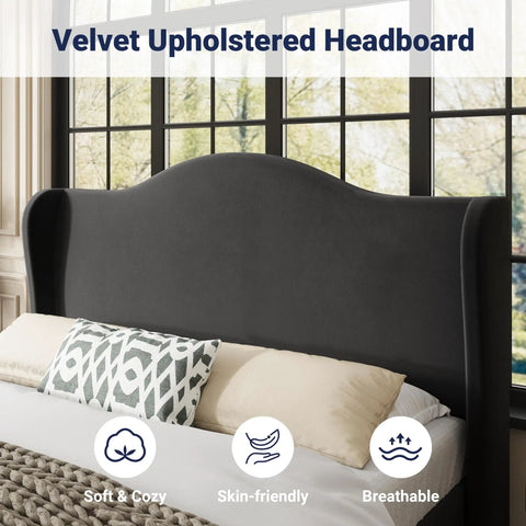 Queen Size Velvet Upholstered Bed Frame With Tall Wingback Headboard And Channel Quilting Modern Retro Bedroom Furniture In Black headboard detail