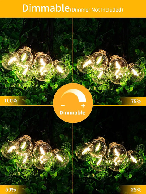100 Ft Outdoor String Lights With 52 Shatterproof G40 Globe Bulbs Warm 2700K Patio Lighting dimmable settings against foliage