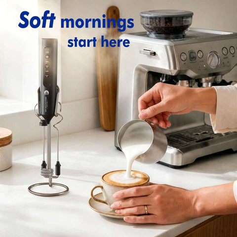 Rechargeable Milk Frother Set With Stand Battery Included Level Up Your Coffee Game Featuring 4 Swappable Whisks And Compact Travel Case in use making cappuccino.