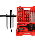 21 In 1 Bearing Puller Set With Curved Hook And 6 Collets, heavy duty forged steel, corrosion resistant black oxide finish in case.
