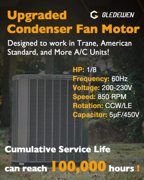 Upgraded Condenser Fan Motor for Trane and American Standard A C Units One Eighth HP 208 230V 825 RPM With Capacitor Direct Replacement MOT12215 MOT12004 MOT10514 Drop In Easy Install Kit Included