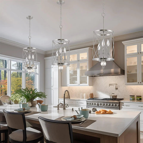 Modern Dope 3-Light Geometric Lantern Chandelier in Brushed Nickel Finish With Cylinder Trellis Cage And Crystal Orb Finial in kitchen
