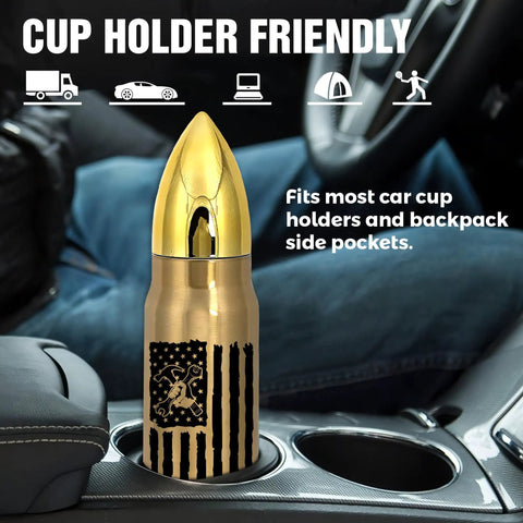 17oz Gold Stainless Steel Tumbler With American Flag Tool Design And I Fix Stuff And I Know Things Phrase in car cup holder