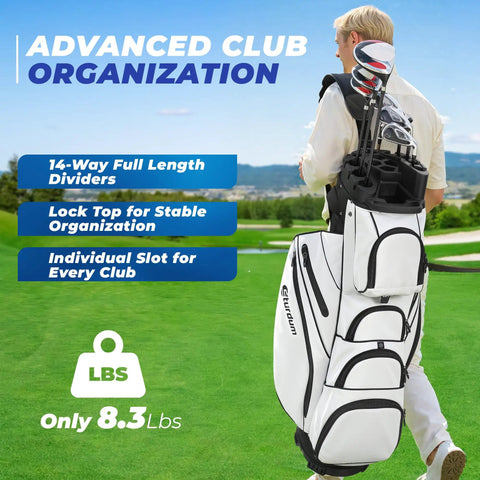 Person carrying TLock Golf Cart Bag With 14 Way Organizer Full Length Divider Top Rigid Inner Shell No Clatter Cart Bag.