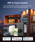 App-controlled smart low voltage landscape transformer displayed with Alexa, Google devices for home lighting control.