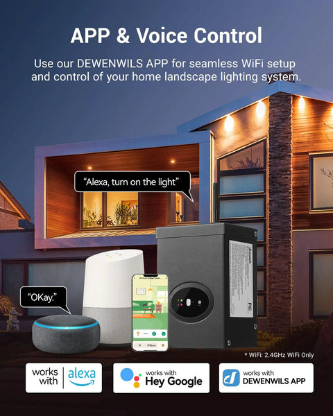 App-controlled smart low voltage landscape transformer displayed with Alexa, Google devices for home lighting control.