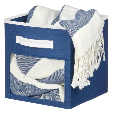 Fabric Nursery Closet Storage Bin Set With Front Handle And Window 6 Pack For Cube Shelving Units Organizes Toys Clothes Diapers Bibs In Gray And White. Blue bin with blanket
