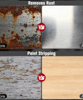 Before and after showing Heavy Duty Six Pack Stripping Discs For Angle Grinder removing rust and paint from surfaces.