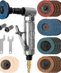 Right-angle air die grinder kit with 22-pack 2-inch roll-lock sanding discs and wrenches, front view