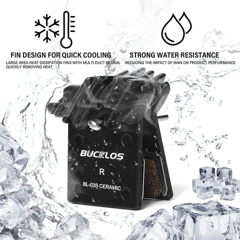 BL-03S Ceramic Mountain Bike Disc Brake Pads with ice and water graphics showcasing high heat dissipation and waterproof features