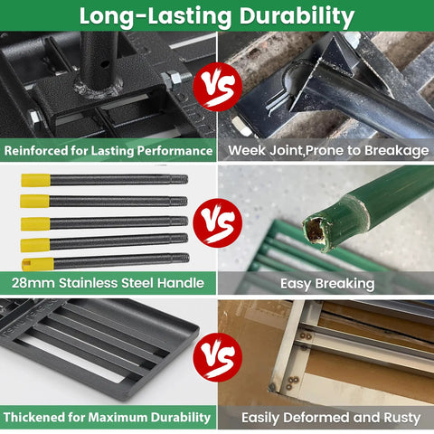 Comparison of Heavy Duty Lawn Leveling Rake With 30 By 10 Inch Plate and competitor, highlighting durability and design.