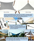 Installation diagram and examples of Right Triangle Sun Shade Sail Canopy 12 Ft By 12 Ft By 17 Ft Lime Green UV Blocking.