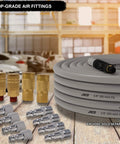 JACO gray air hose with twelve brass quick-connect fittings and metal couplers; 3/8 in, 300 MAX PSI