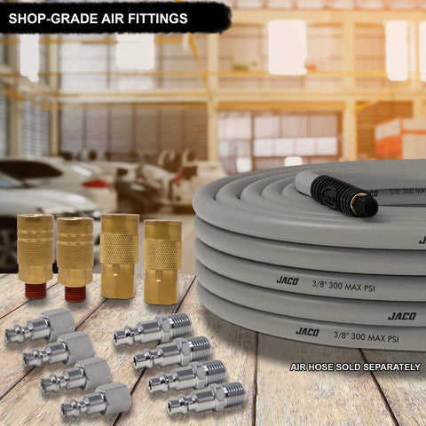 JACO gray air hose with twelve brass quick-connect fittings and metal couplers; 3/8 in, 300 MAX PSI