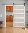 Sliding Barn Door With Frosted Glass White Finish, 30 Inch By 84 Inch, Five Lite Design, Waterproof PVC Surface, view in hallway