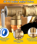 Front view of Gulfmew 30 PSI brass boiler relief valve with 3/4 NPT female thread, installed on copper pipe.