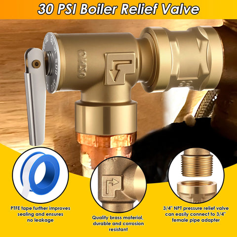 Front view of Gulfmew 30 PSI brass boiler relief valve with 3/4 NPT female thread, installed on copper pipe.