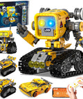 5 In 1 STEM RC Robotics Kit With App And Remote Control featuring yellow Mech Robot and other buildable models on display
