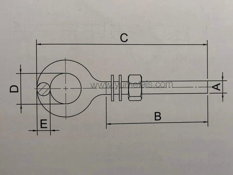 Diagram of a Stainless Steel Eye Bolt One Half Inch By Twelve Inch Whitworth Short Thread Marine Grade AISI 316 With Washers