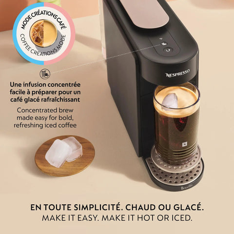 Vertuo Up Coffee And Espresso Maker With Aeroccino Milk Frother By Breville brewing iced coffee with ice cubes in glass