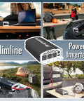 Hella Compact Dc To Ac Power Inverter Pumping 2000 Watt Continuous And 4500 Watt Peak Output used in outdoor setups with devices.