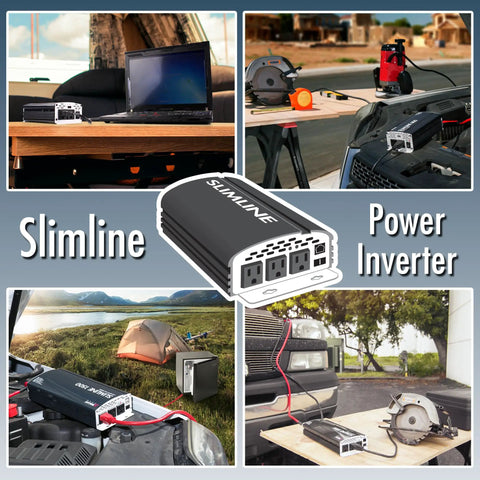 Hella Compact Dc To Ac Power Inverter Pumping 2000 Watt Continuous And 4500 Watt Peak Output used in outdoor setups with devices.