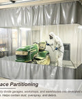 Heavy Duty Thermal Insulated Garage Divider Curtain With Smooth Glide Track Pvc Partition Screen For Shops And Warehouses Blocks Dust And Paint Spray Like A Champ in a workspace with a tractor.