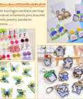DIY Shrink Plastic Keychain Kit With 140 Pieces Shrink Sheets And 120 Accessories, sample keychains and accessories display.