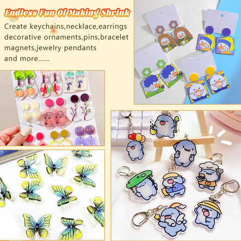 DIY Shrink Plastic Keychain Kit With 140 Pieces Shrink Sheets And 120 Accessories, sample keychains and accessories display.