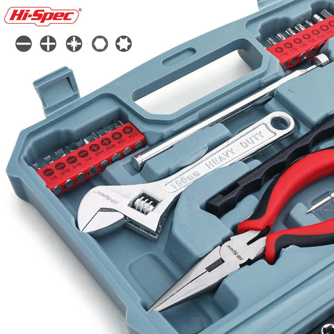 65 Piece Compact Auto Garage Tool Kit With Digital Tire Pressure Gauge And Magnetic Pickup Essential Car Bike RV Repair Tools In A Slim Toolbox Case for storage, detail view of inside tools and wrench