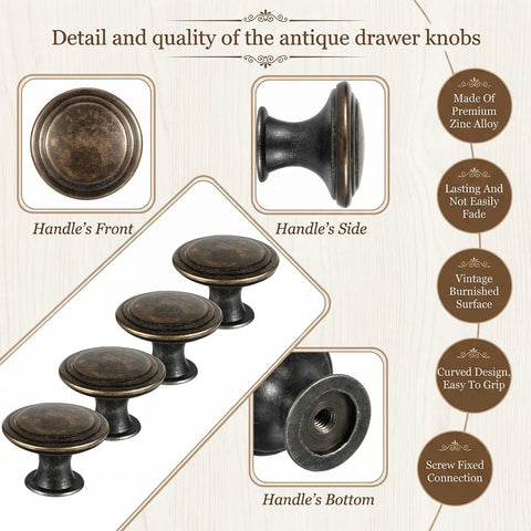 Antique Brass Cabinet Knobs Set, 6-pack showing front, side, and bottom views of round vintage style drawer pulls