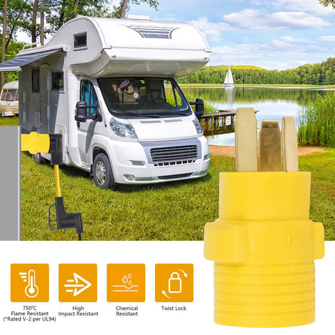 Heavy Duty Nema 10 50P To 14 50R Adapter connects three prong male plug to four prong female receptacle for RV power ups.