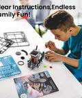 Boy assembling robot from 12 In 1 Solar Robot Building Kit For Kids And Teens Aged 8 To 13 Hands On STEM Toy Powered By The Sun 190 Pieces