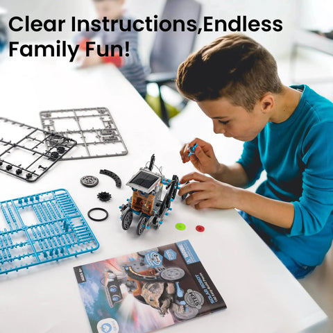 Boy assembling robot from 12 In 1 Solar Robot Building Kit For Kids And Teens Aged 8 To 13 Hands On STEM Toy Powered By The Sun 190 Pieces