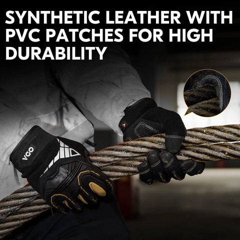 Person wearing Heavy Duty Synthetic Leather Work Gloves With Impact Protection And Vibration Reduction Rigger Style, black.