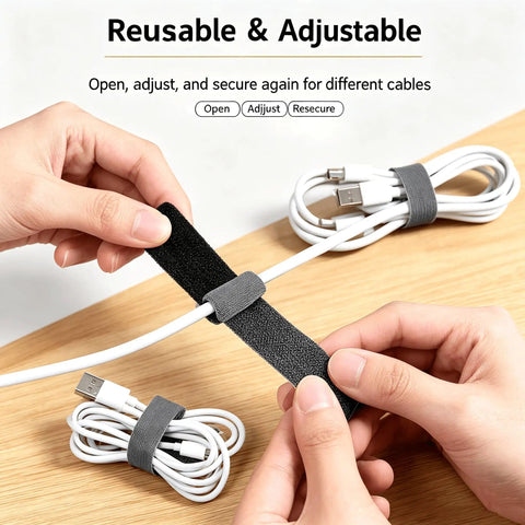 Reusable Cable Management Straps And Self Adhesive Cord Organizers For Power And Usb Cables Featuring Adjustable Hook And Loop Design for wrapping cables.