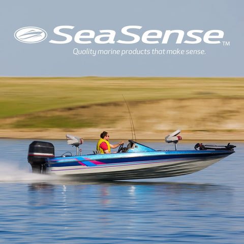 Person driving a motorboat on a lake with SeaSense branding, showcasing the Three Rack Fishing Rod Holder For Boat And Garage With Durable Weatherproof Construction Grab And Go Snap Together Storage.